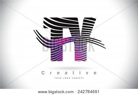 Ty T Y Zebra Texture Letter Logo Design With Creative Lines And Swosh In Purple Magenta Color Vector