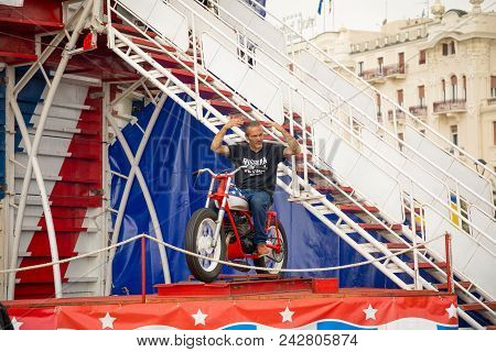 Rimini, Italy - 7.05.2018: Motorcycle Show Of Russian Devils With Complicated Circus Tricks In Rimin