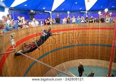 Rimini, Italy - 7.05.2018: Motorcycle Show Of Russian Devils In Big Wooden Barrel With Complicated C