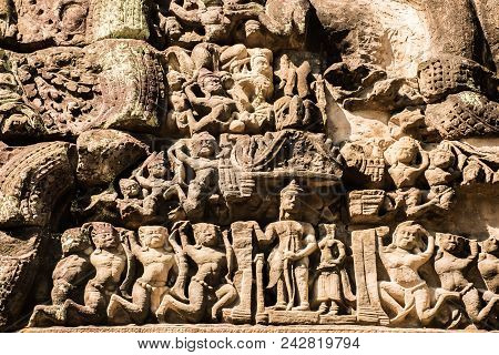 Antient Reliefs In Banteay Kdei Temple In Angkor Wat Complex In Cambodia