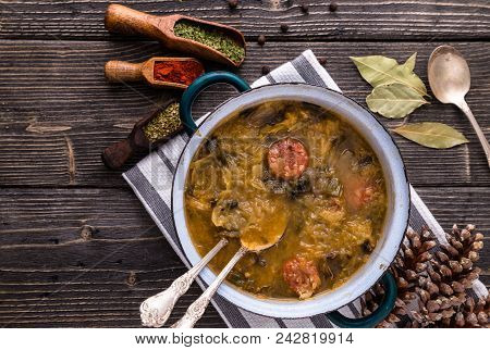 Slovak National Christmas Cabbage Soup With Mushrooms On Natural Background.