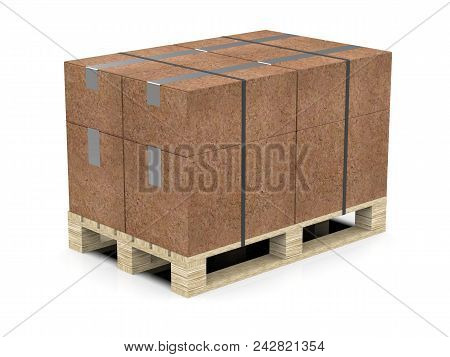 Europallets With Packed Boxes Of Recycled Material, Tied With A Ribbon. Packing On A Wooden Pallet. 