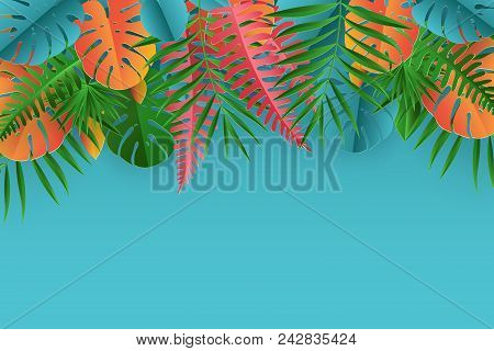 Tropical Paper Palm, Monstera Leaves Frame. Summer Tropical Leaf. Origami Exotic Hawaiian Jungle, Su
