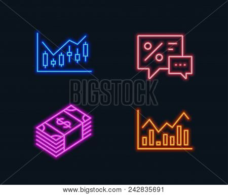 Neon Lights. Set Of Financial Diagram, Usd Currency And Discounts Icons. Infochart Sign. Candlestick