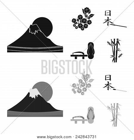 Geta, Sakura Flowers, Bamboo, Hieroglyph.japan Set Collection Icons In Black, Monochrom Style Vector