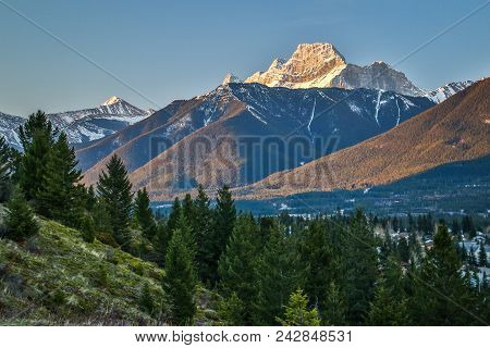 Mt. Laugheed View From Benchlands Terrace Viewpoint In Canmore, Canada, Springtime View Of Canadian 