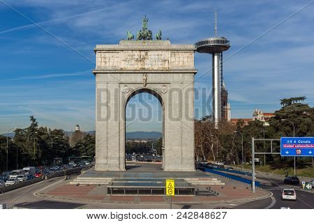 Madrid, Spain - January 23, 2018: Memory Arch And Lighthouse Of Moncloa In City Of Madrid, Spain