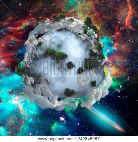 Abstract exoplanet. Nebulae, stars, galaxies. Vivid colors. 3D rendering