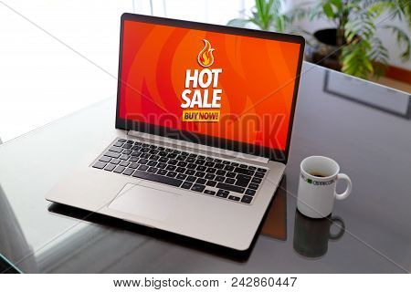 Hot Sale Advertising.  Special Offer On  Laptop Screen. Marketing, Internet Business. Sales.