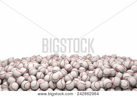 3d Rendering Of A Huge Heap Of White Baseballs With Red Stitching On A White Background. Abundance O