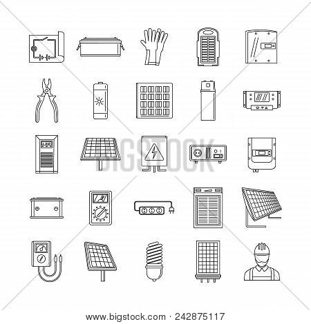 Solar Energy Equipment Icons Set. Outline Illustration Of 25 Solar Energy Equipment Cargo Vector Ico