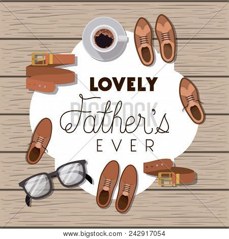 Happy Fathers Day Card With Set Accessories Over Wooden Background