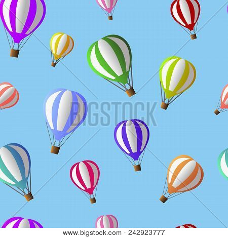 Vector Illustration Of Colorful Air Ballons Flying On The Light Blue Sky, Seamless Pattern Eps 8