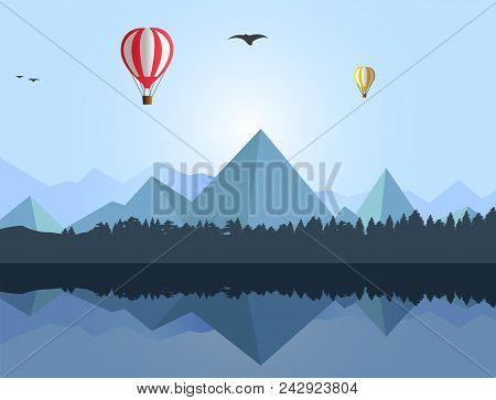 Flat Vector Illustration Of Landscape With Mountains And Light Blue Sky With The Morning Sun, Flying