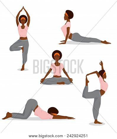 Vector Illustration Of Pose Set About Young Girls Doing Yoga Exercises