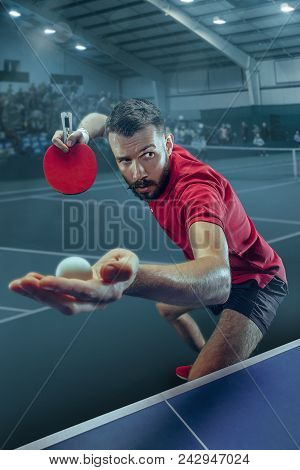 The Table Tennis Player In Motion. Fit Young Sports Man Tennis-player In Play On Sport Arena Backgro