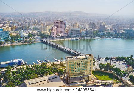 Aerial View On Qasr El Nil Bridge Between Gezira Island And Downtown District Of Cairo, Famous For E