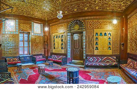 Cairo, Egypt - December 24, 2017: The Carved Wooden Salon With Golden Patterns And Niches For Cerami
