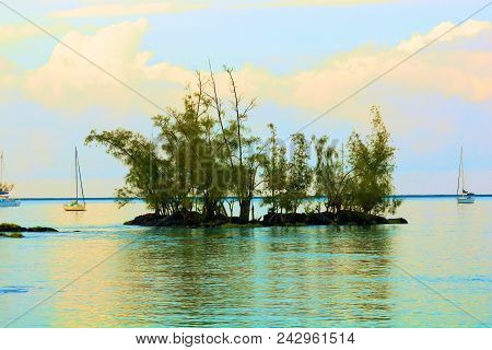 Small Island With Volcanic Lava Rocks And Tropical Plants Including Sail Boats Anchored Beyond Taken