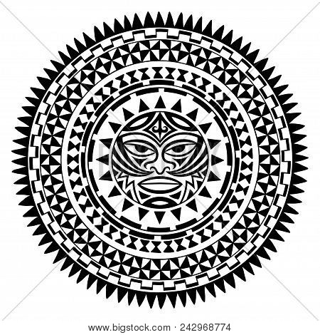 Circular Pattern In Form Of Mandala With Thunder-like Tiki Is Symbol-mask Of God. Traditional Orname
