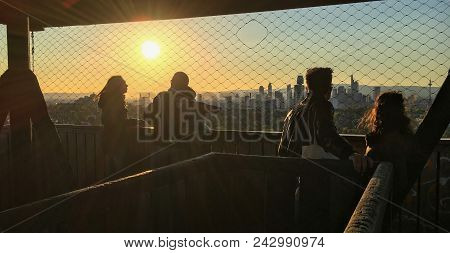 Frankfurt, Germany - April 29, 2017: Four Young People On Top Of Goethetower Or Goetheturm In Frankf