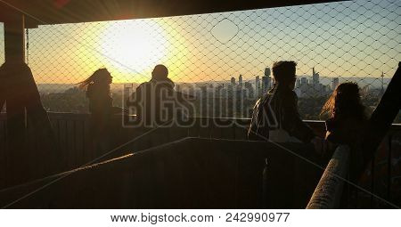 Frankfurt, Germany - April 29, 2017: Four Young People On Top Of Goethetower Or Goetheturm In Frankf