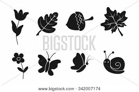 Set Of Filled Silhouettes Of Flowers And Insects. Isolated Contour For Coloring Books. Vector Contou