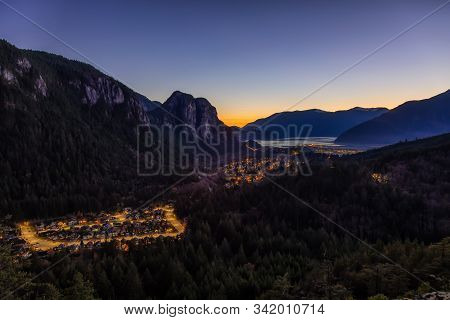Squamish, North Of Vancouver, British Columbia, Canada. Beautiful Aerial View From The Top Of The Mo
