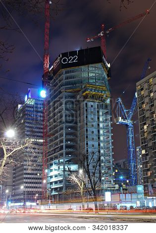 Warsaw,poland. August 2015. Building Under Construction. Q22 Is A Modern Office Building,