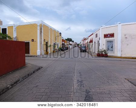 Valladolid, Mexico - January 28,2018: Typical Colonial Street In Valladolid, Mexico. Valladolid Is A