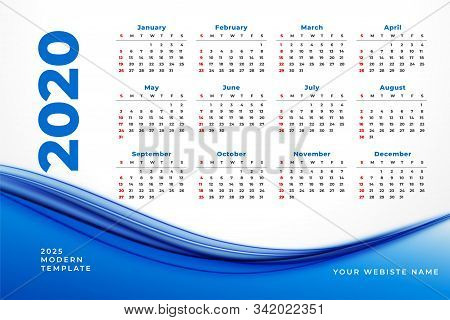 Stylish 2020 Calendar Design With Blue Wavy Shape Template