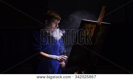 Artist Copyist Paint Seascape With Ship In Ocean. Vaper Smoke Vape E-cigarette. Craftsman Decorator 