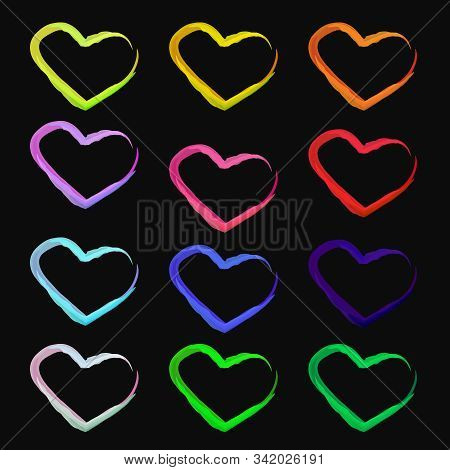 Set Heart Isolated On Black Background. Collection Of Twelve Hearts In Different Colors. Valentines 