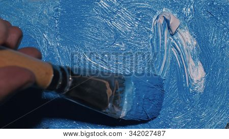 Artist Copyist Paint Seascape With Ship In Ocean. Craftsman Decorator Draw As Boat Sail On Blue Sea 