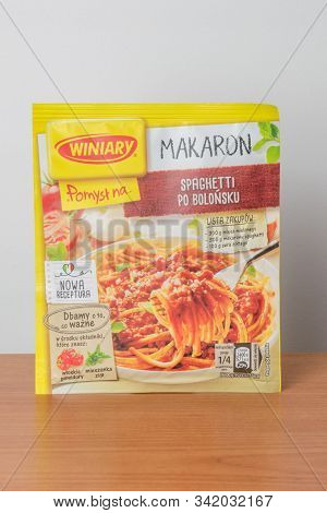 Pruszcz Gdanski, Poland - November 25, 2019: Bag Of Winiary Instant Spaghetti Bolognese.