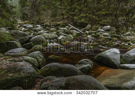 Vydra River In Winter Cold Day In National Park Sumava
