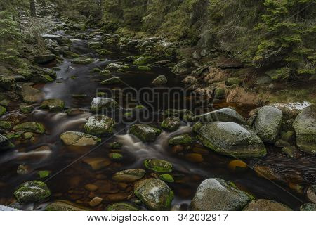 Vydra River In Winter Cold Day In National Park Sumava