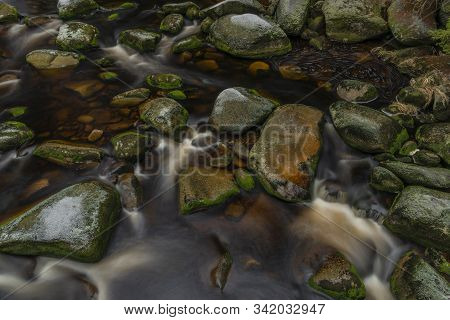 Vydra River In Winter Cold Day In National Park Sumava