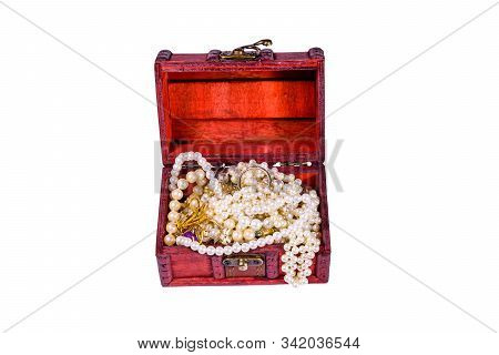 Old Box Of Red Wood Full Of Jewelry Isolated On Ehite Background. Treasure Chest