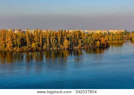 View On Residential Buildings Of City Kremenchug And River Dnieper On Autumn