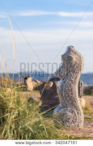 Kotka, Finland - 10 September 2019: Sculpture Seahorse By The Marine Park Of Catherine. The Local Na