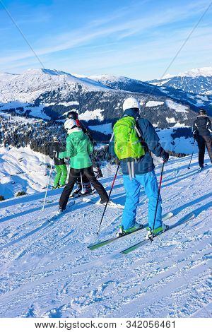 People Skier Skiing In Ski Resort Penken Park In Austria