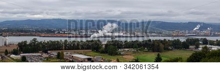 Longview, Washington, United States Of America. Aerial Panoramic View Of Port, Industrial Sites And 