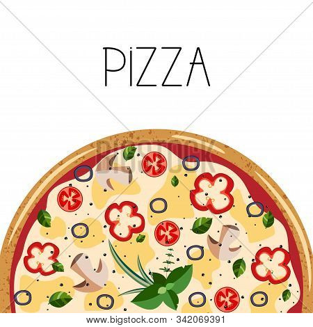Banner For Pizza Box. Background With Whole Vegetarian Pizza. Vector Illustration Isolated On White