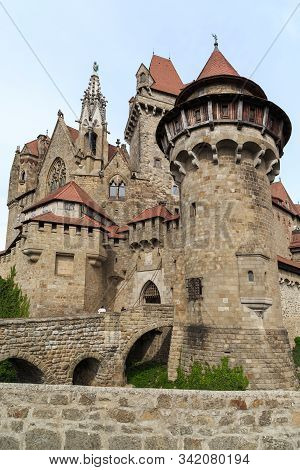 Leobendorf, Austria - May 11, 2019: This Is The Very Picturesque Medieval Kreuzenstein Castle.