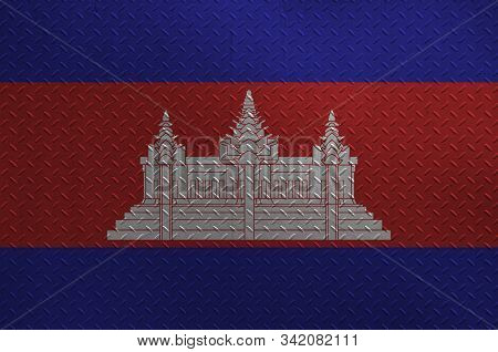 Cambodia Flag Depicted In Paint Colors On Old Brushed Metal Plate Or Wall Closeup. Textured Banner O