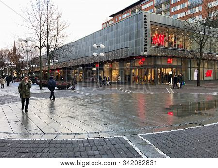 Sodertalje, Sweden - December 7, 2019. View Of The Pedestrian Street Storgatan In The City Center.