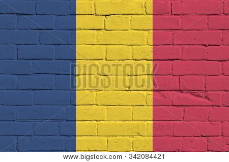 Chad Flag Depicted In Paint Colors On Old Brick Wall. Textured Banner On Big Brick Wall Masonry Back