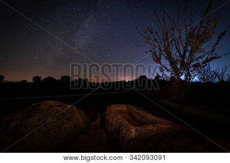 Night Landscape With Ancient Grave In The Barruecos Natural Area. Spain.