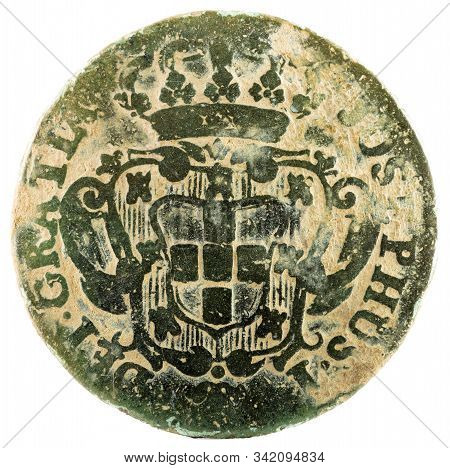 Ancient Copper Coin Of Portugal. 10 Reis Of Of King Jose I. 1765. Obverse.